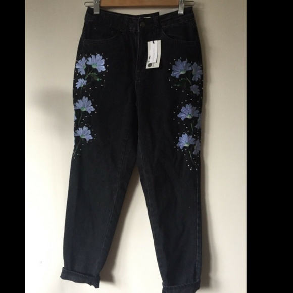 TopShop Embroidered Black High Waisted Mom Jeans - Picture 4 of 6